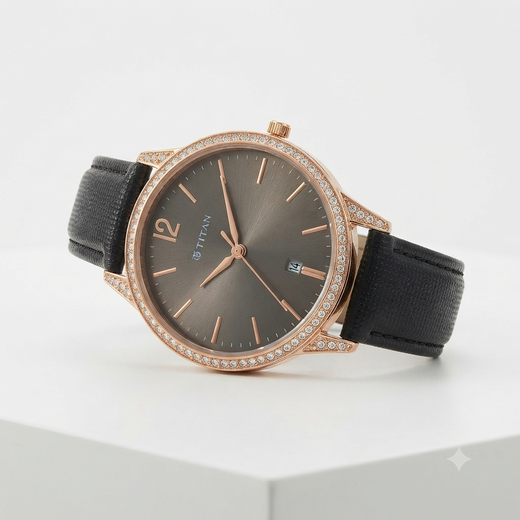 Titan rose gold analog watch featuring a crystal-embellished bezel, dark grey dial, and black leather strap.