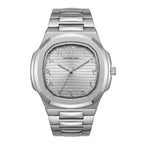 A silver-tone stainless steel wrist watch with an octagonal bezel, matching metal link bracelet, and a textured silver dial with stylized Arabic numerals.