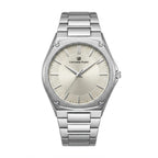 A silver stainless steel wrist watch with a textured champagne dial and matching silver link bracelet, shown against a plain white background.