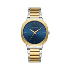 A two-tone wrist watch with a blue dial, gold-tone bezel and hands, and a silver-and-gold-tone link bracelet, shown on a plain white background.