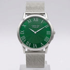 Carlos Philip men's watch featuring a silver stainless steel mesh strap, a round silver case, and a textured green dial with white Roman numerals.