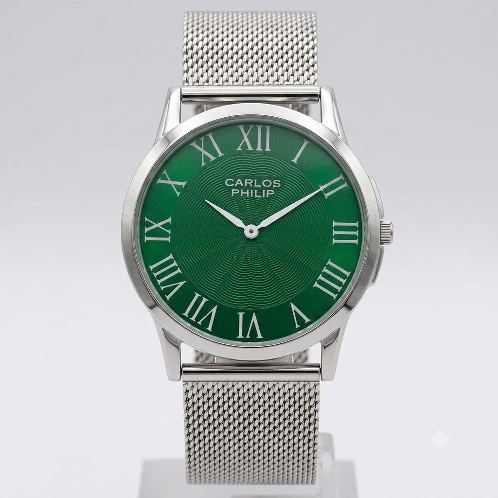 Carlos Philip men's watch featuring a silver stainless steel mesh strap, a round silver case, and a textured green dial with white Roman numerals.